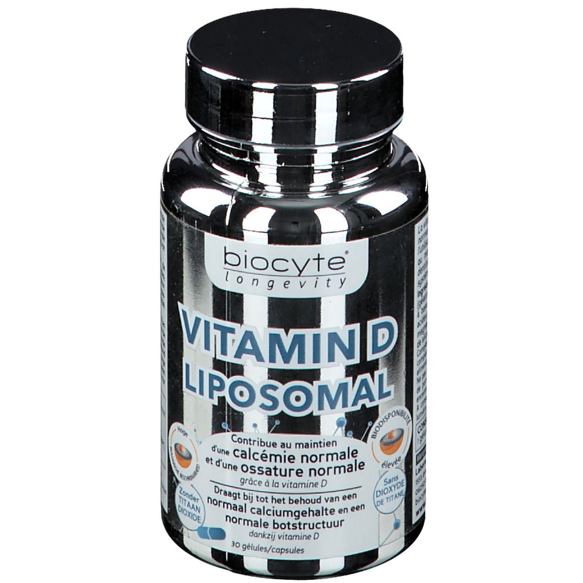 Flacon de Vitamin D3 Liposomal. Inscription: BIOCYTE, Vitamin D Liposomal. 30 gélules.
