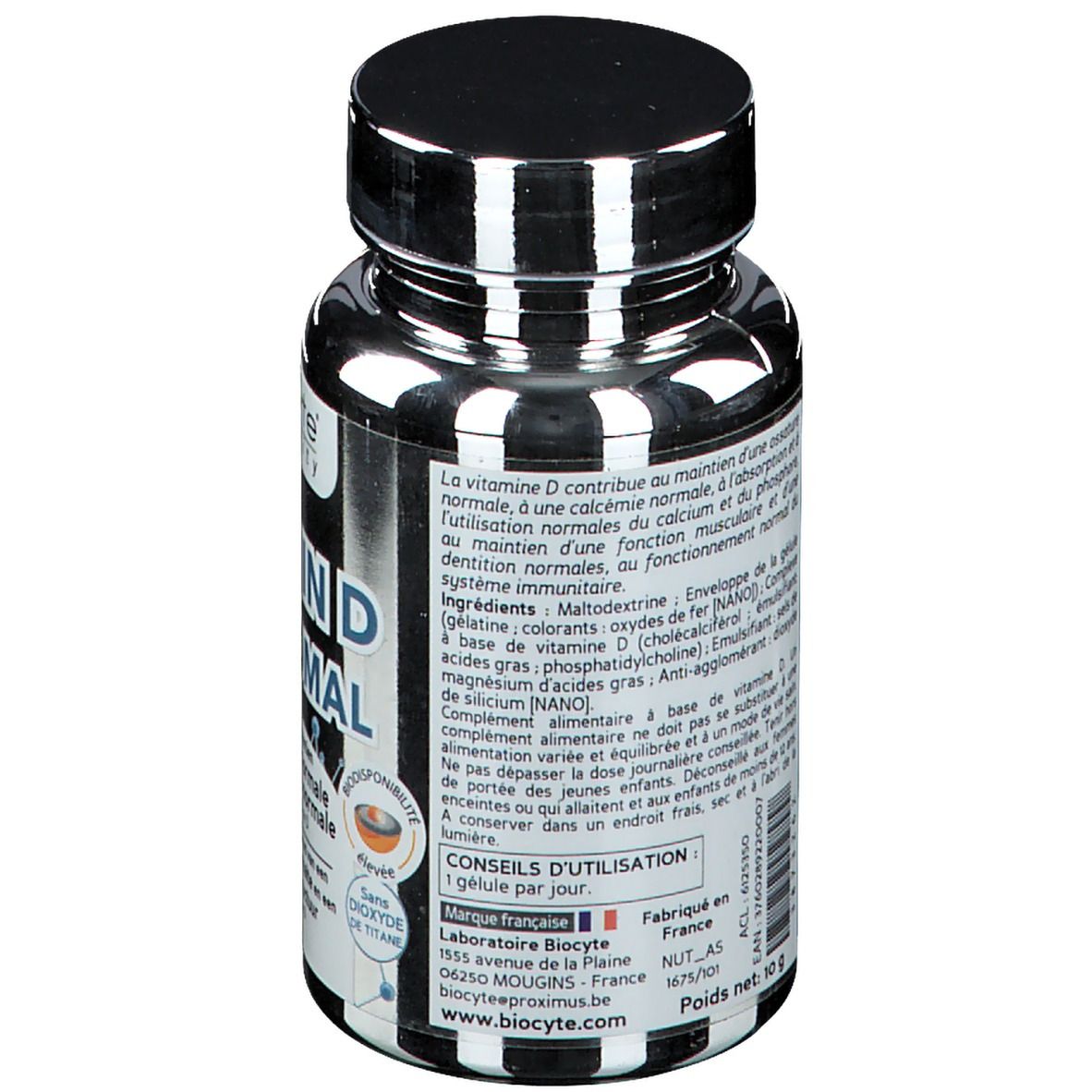 Dos de flacon de Vitamin D3 Liposomal. Ingrédients et mode d'emploi.