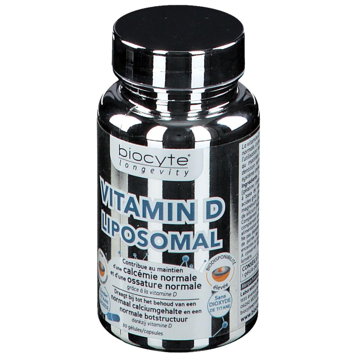 Flacon de Vitamin D3 Liposomal. Inscription: BIOCYTE, Vitamin D Liposomal. 30 gélules.