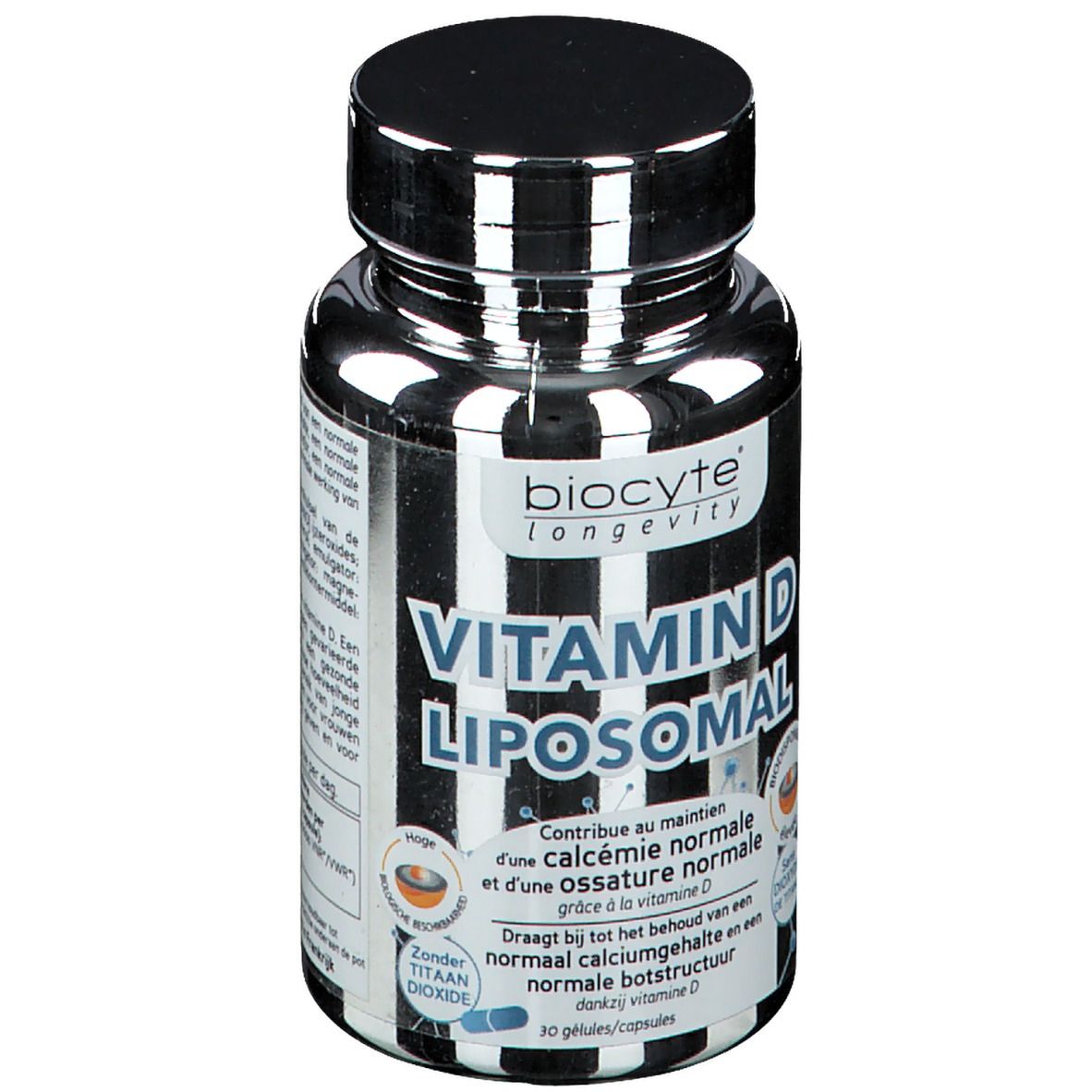 Flacon de Vitamin D3 Liposomal. Inscription: BIOCYTE, Vitamin D Liposomal. 30 gélules.
