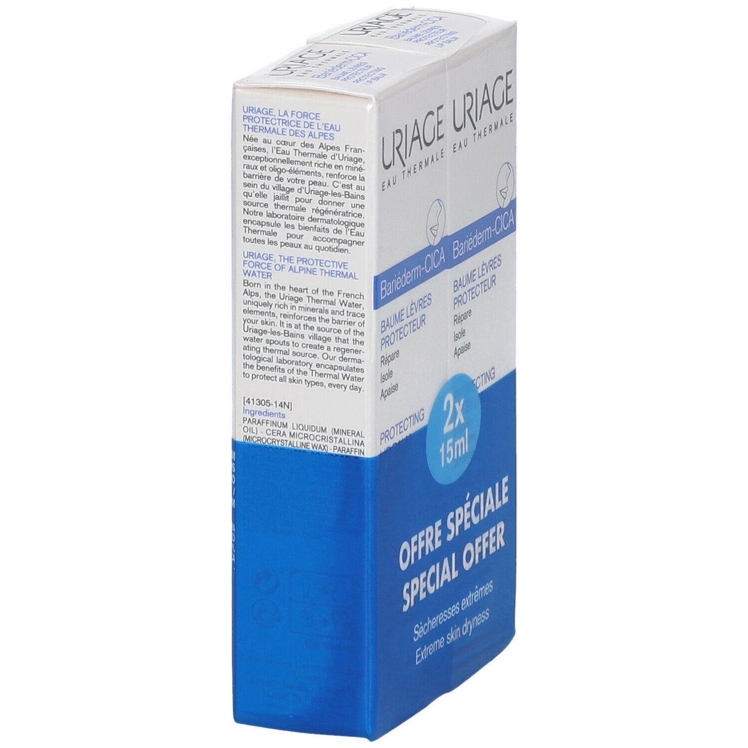 Dubbelverpakking Uriage Bariéderm-CICA Lipverzorging. Witte verpakking met blauwe bodem. Tekst: « 2x 15ml », « Offre Spéciale ».