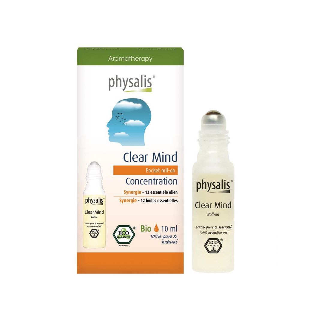 Productverpakking met roll-on. Verpakking: Physalis Clear Mind, Pocket roll-on, Bio, 10 ml. Roll-on met kogel.