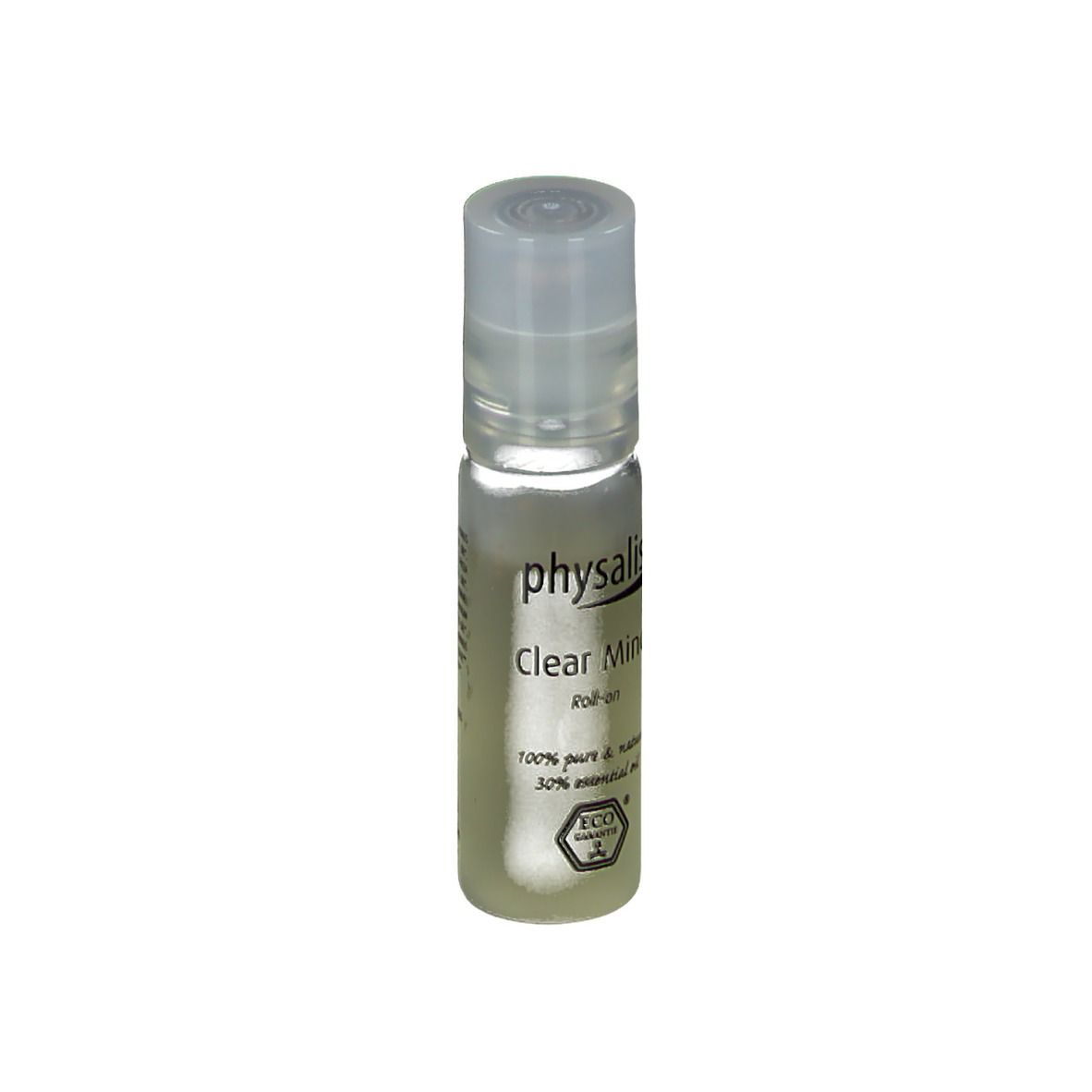 Transparante glazen roll-on met dop. Opschrift: Physalis Clear Mind Roll-on, Eco Garantie.