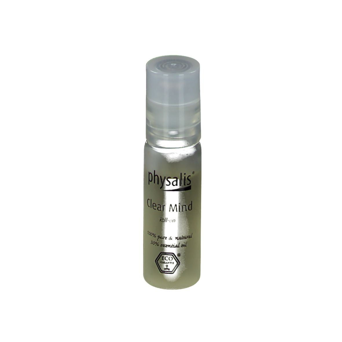 Transparante glazen roll-on met dop. Opschrift: Physalis Clear Mind Roll-on, Eco Garantie.