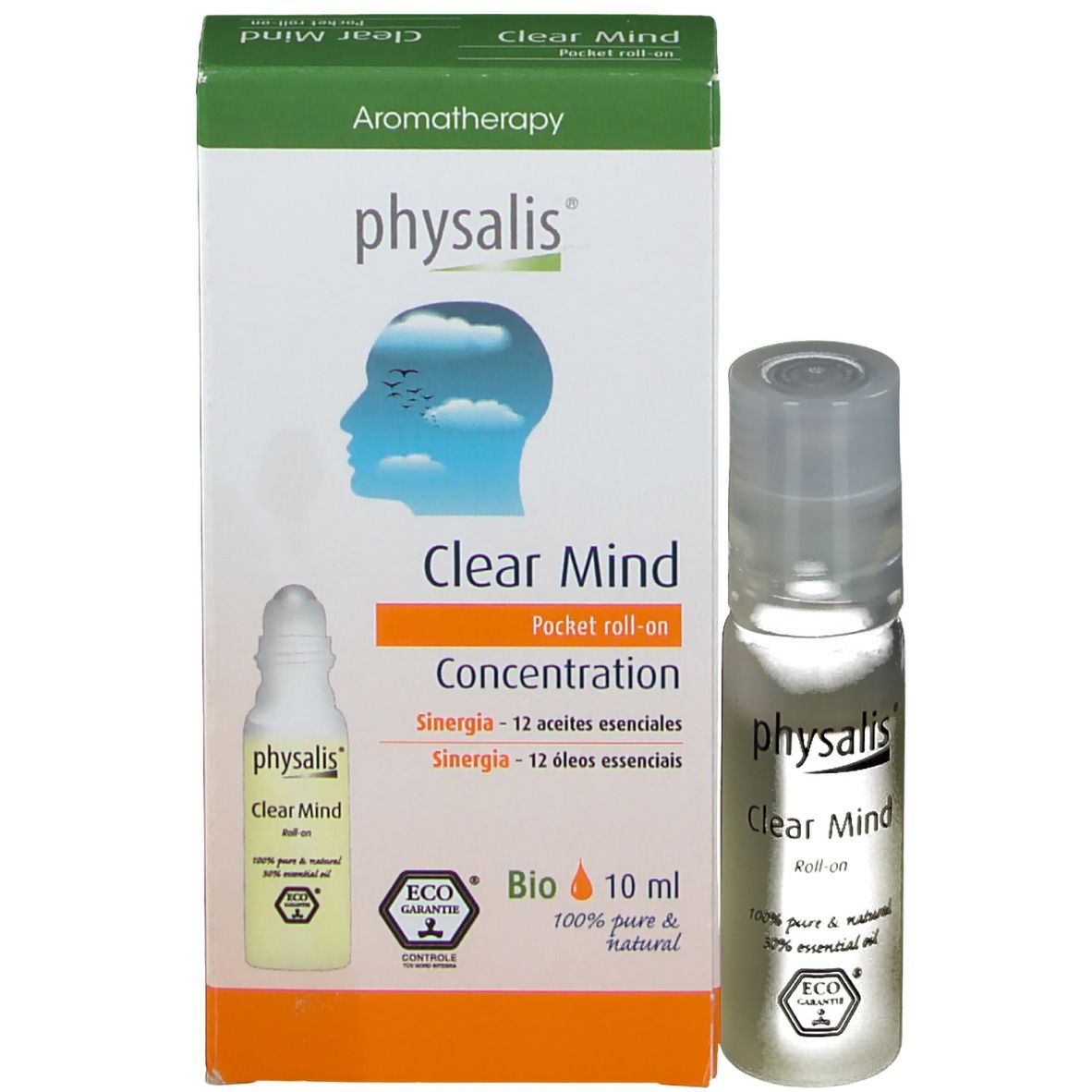 Productverpakking met roll-on. Verpakking: Physalis Clear Mind, Pocket roll-on, Bio, 10 ml.