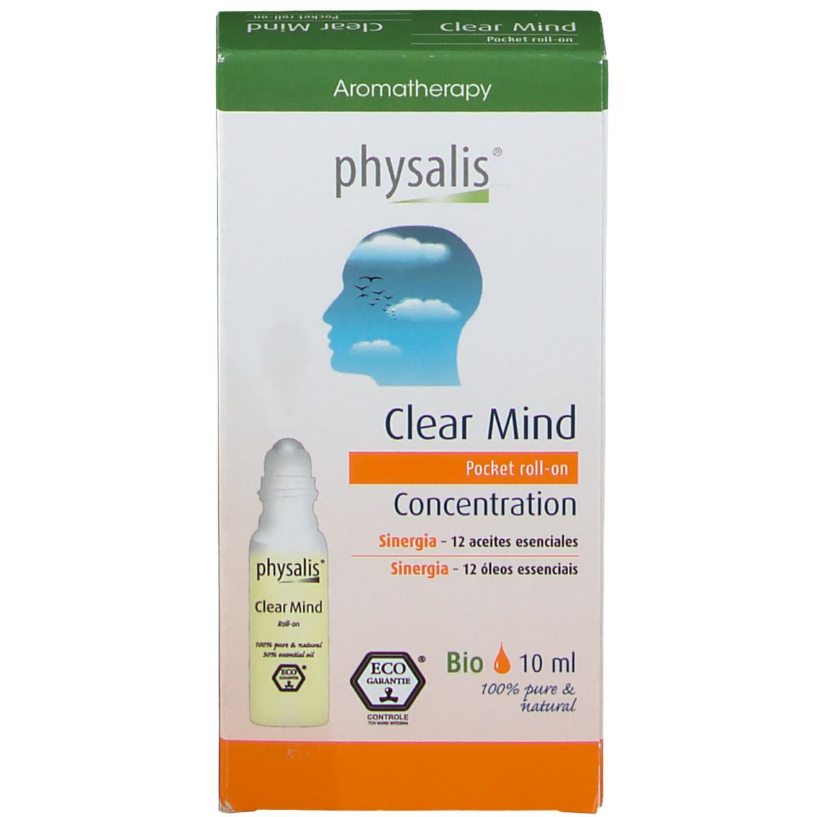 Productverpakking met roll-on. Verpakking: Physalis Clear Mind, Pocket roll-on, Bio, 10 ml.