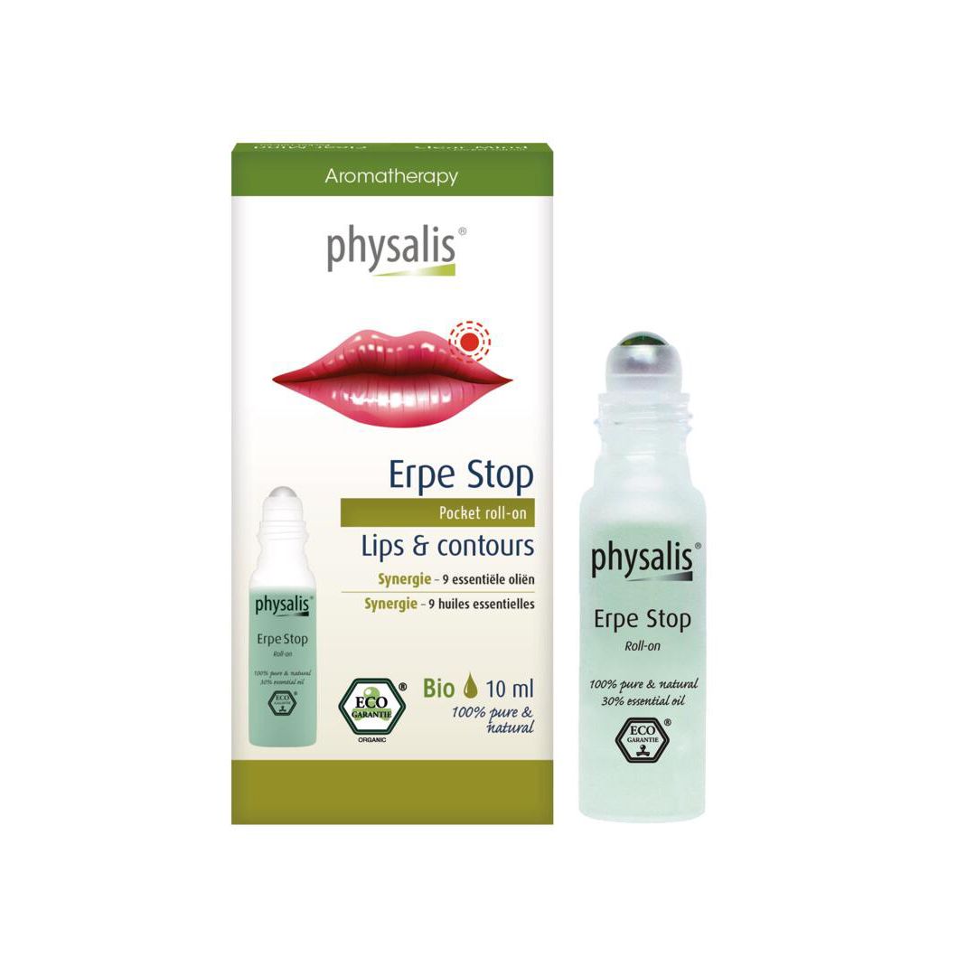 Emballage et flacon roll-on. Inscriptions : physalis, Erpe Stop, Lips & contours, 10 ml, certification Bio, illustration de lèvres.