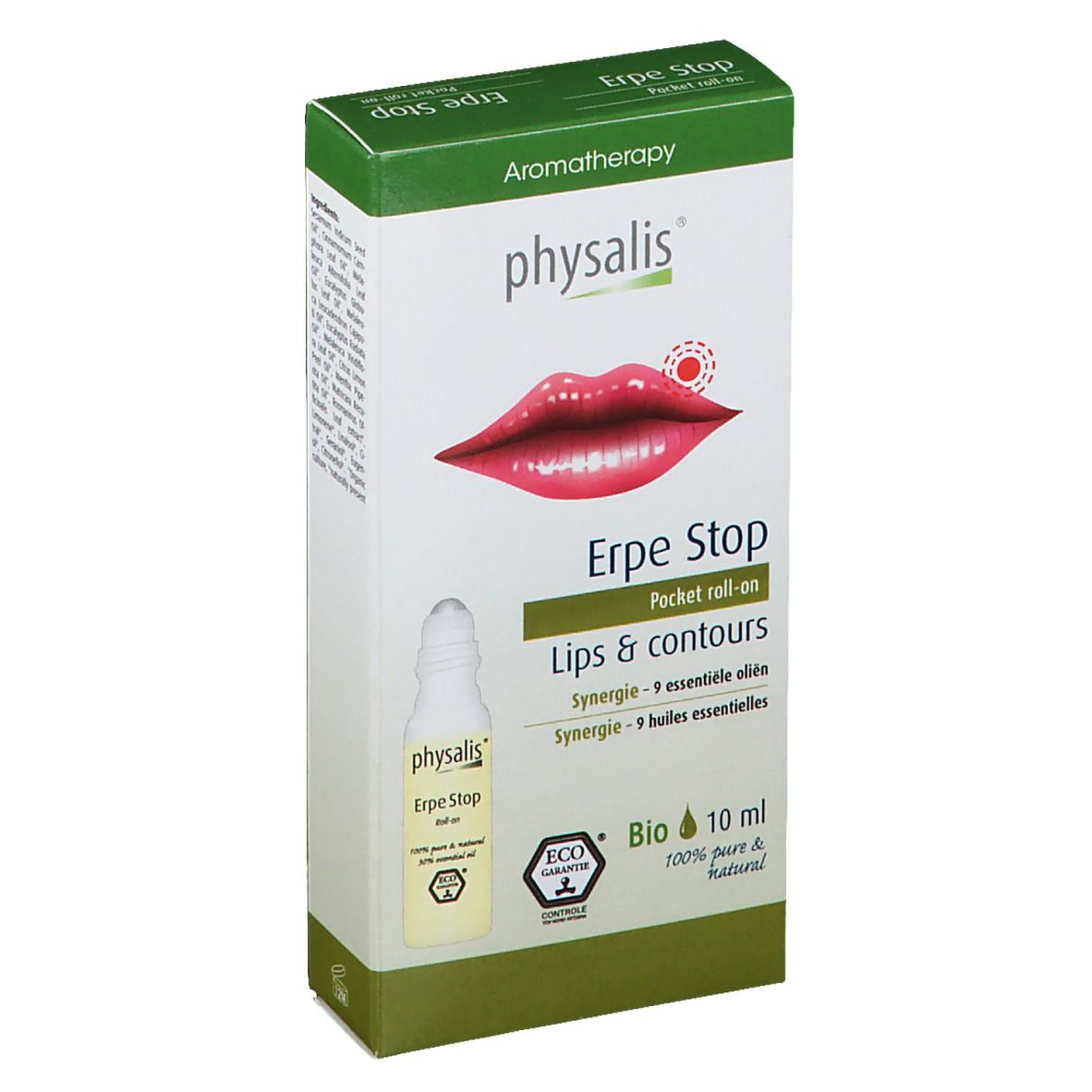 Boîte avec roll-on. Inscriptions : physalis, Erpe Stop, Lips & contours, 10 ml, certification Bio, illustration de lèvres.