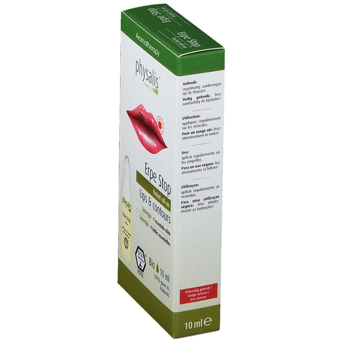 Boîte avec roll-on. Inscriptions : physalis, Erpe Stop, Lips & contours, 10 ml. Certification Bio. Vue latérale avec texte.