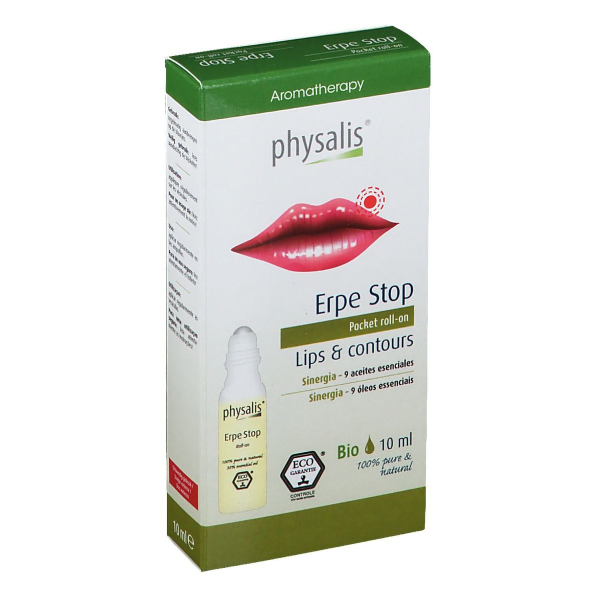 Boîte avec roll-on. Inscriptions : physalis, Erpe Stop, Lips & contours, 10 ml, certification Bio, illustration de lèvres.
