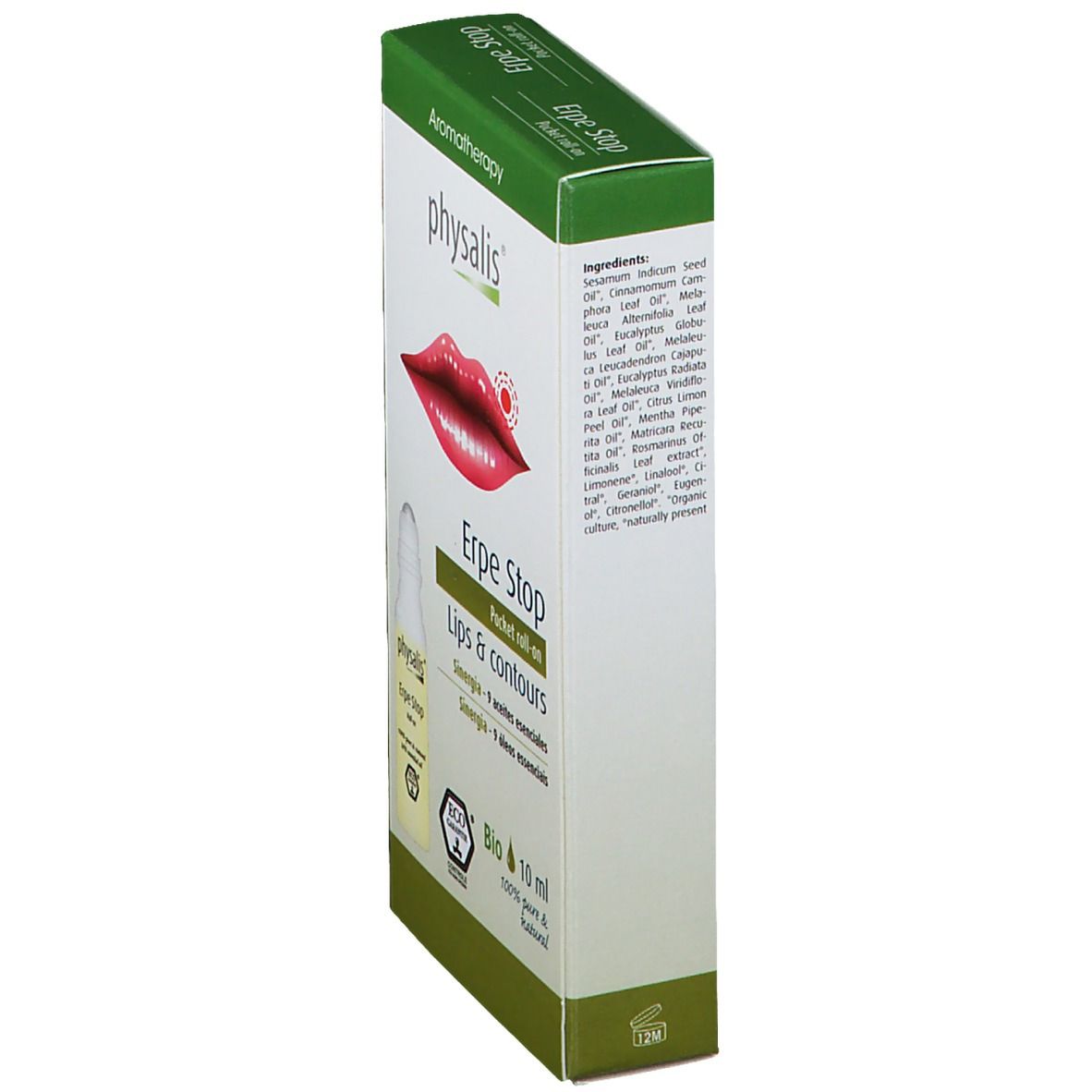 Boîte avec roll-on. Inscriptions : physalis, Erpe Stop, Lips & contours, 10 ml. Certification Bio. Liste des ingrédients sur le côté.