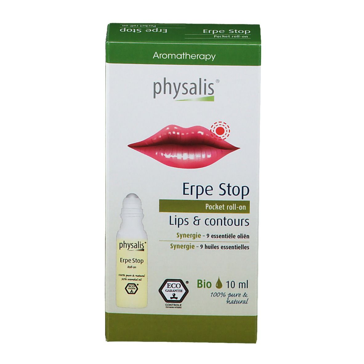 Boîte avec roll-on. Inscriptions : physalis, Erpe Stop, Lips & contours, 10 ml, certification Bio, illustration de lèvres.