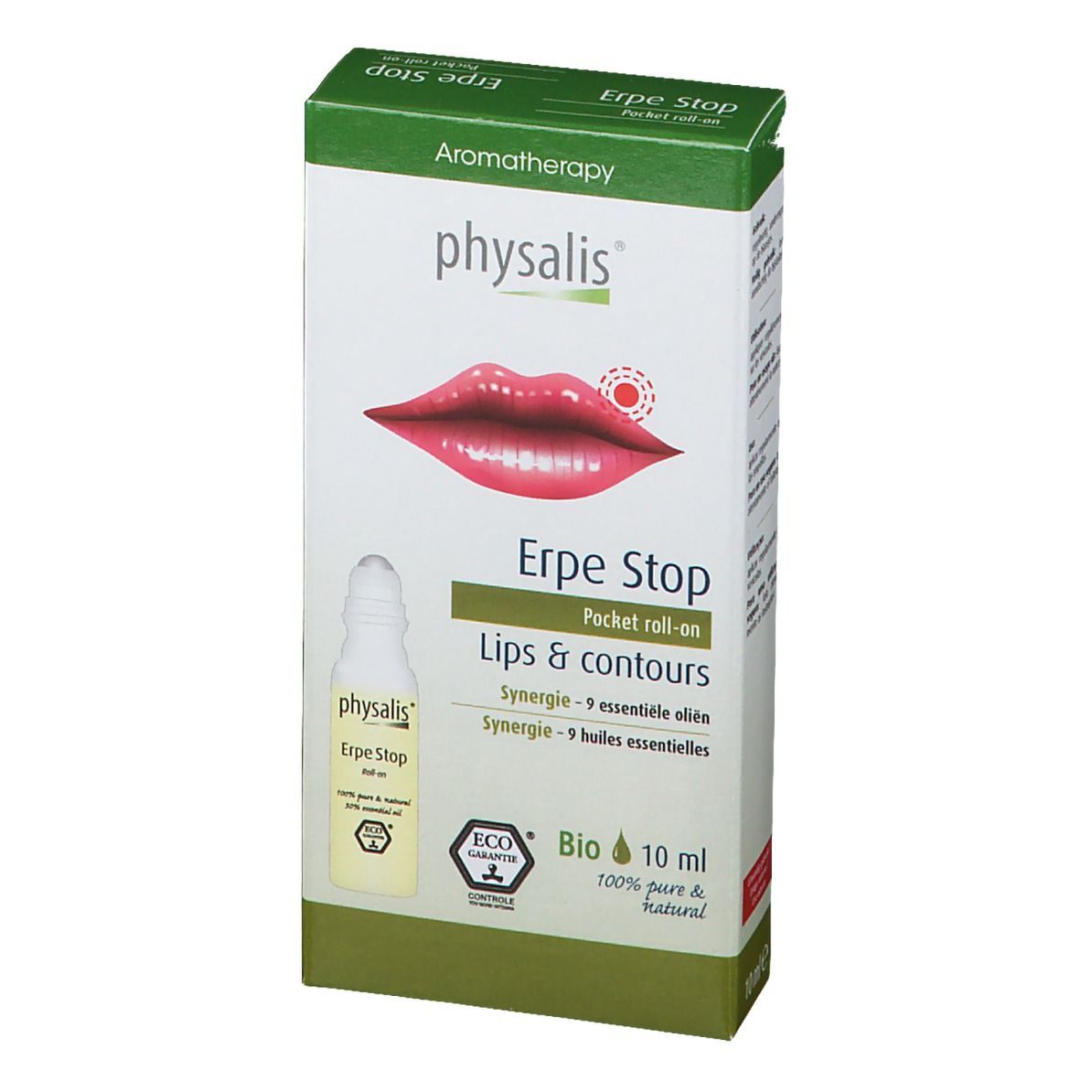 Boîte avec roll-on. Inscriptions : physalis, Erpe Stop, Lips & contours, 10 ml, certification Bio, illustration de lèvres.