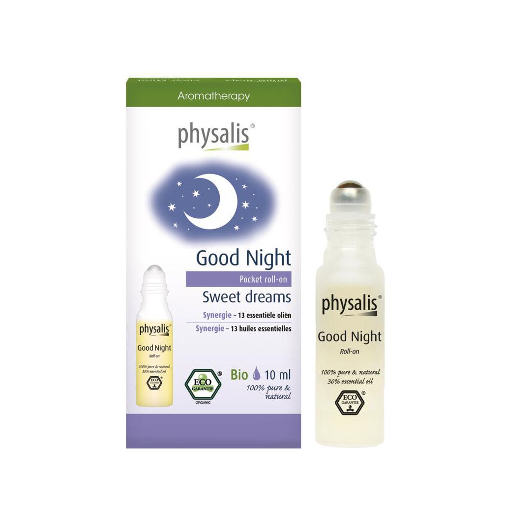 Emballage carton et roll-on. Inscription: physalis Good Night, 10 ml, Bio. Motif lune et étoiles. Roll-on.