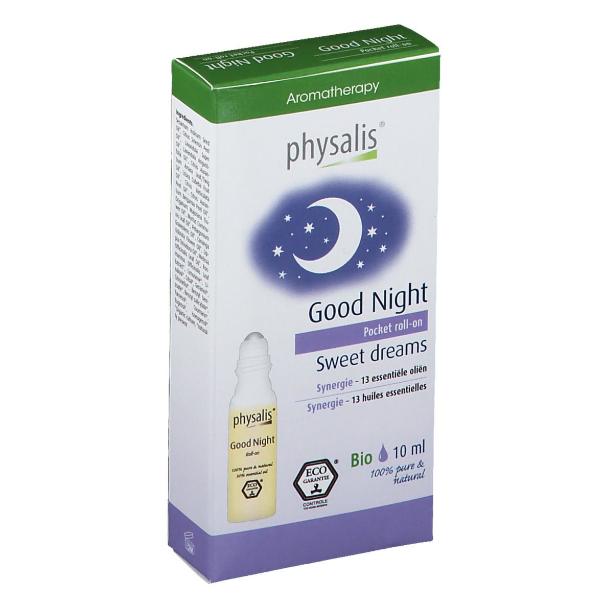 Emballage carton avec roll-on. Inscription: physalis Good Night, 10 ml, Bio. Motif lune et étoiles.