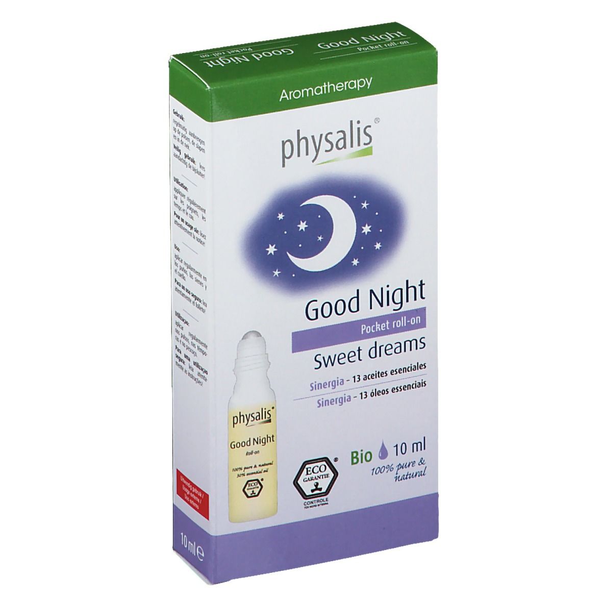 Emballage carton, vue oblique de face. Inscription: physalis Good Night, 10 ml, Bio. Motif lune et étoiles. Roll-on.