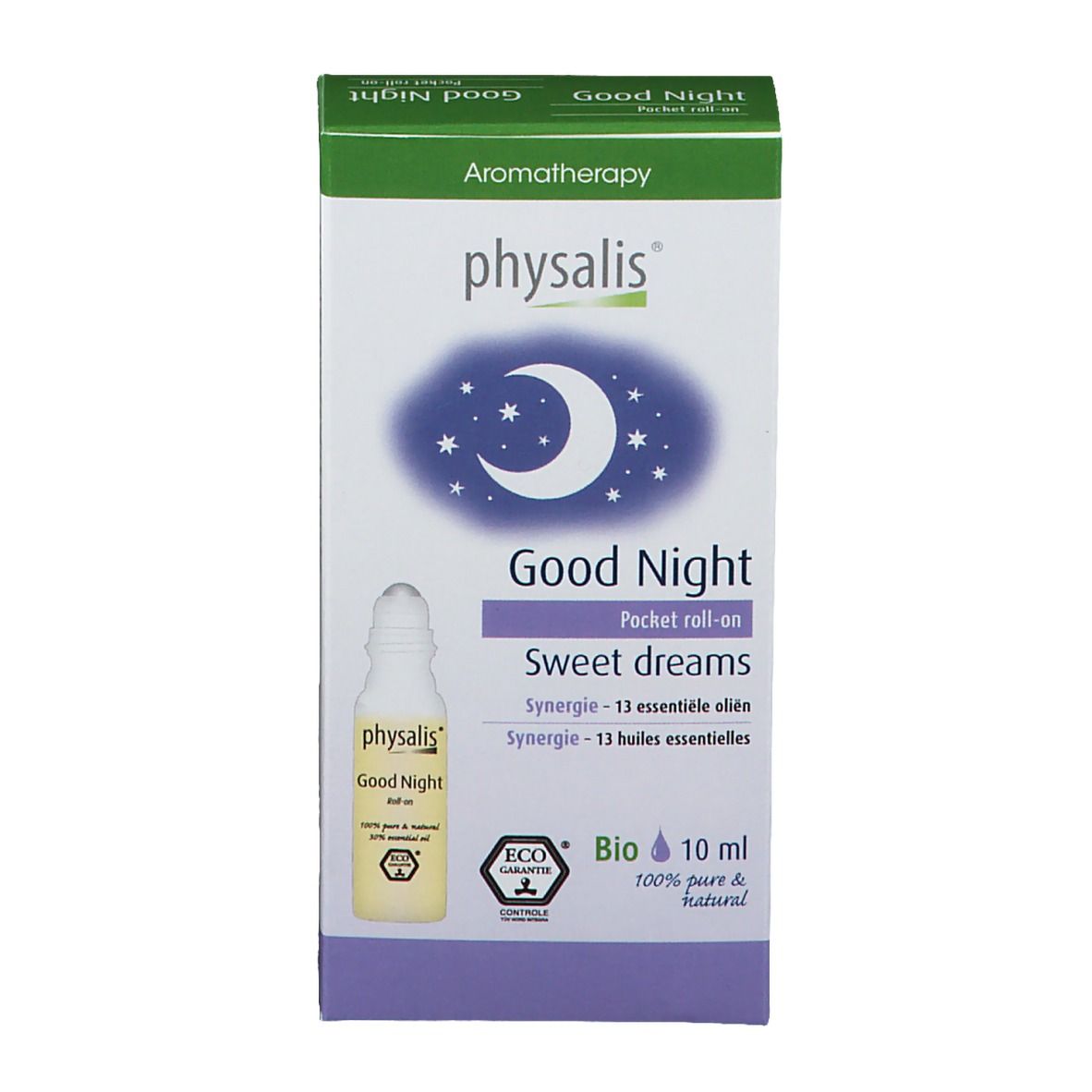Emballage carton, vue de face. Inscription: physalis Good Night, 10 ml, Bio. Motif lune et étoiles. Roll-on.