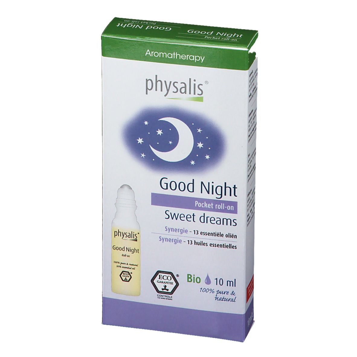 Emballage carton, légèrement ouvert. Inscription: physalis Good Night, 10 ml, Bio. Motif lune et étoiles. Roll-on.