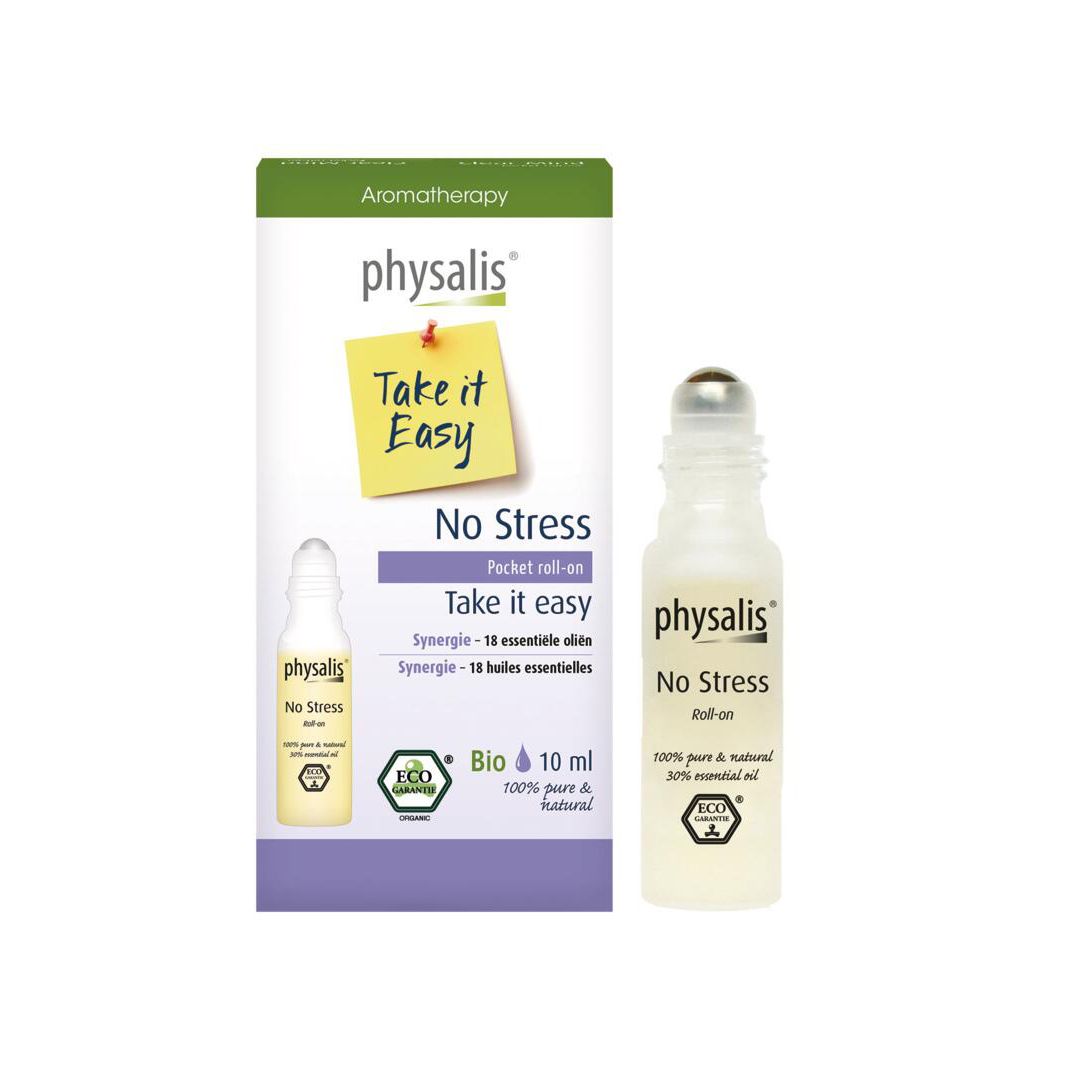 physalis® No Stress Pocket Roll-On et emballage. Flacon avec applicateur roll-on. Boîte avec texte et logo.