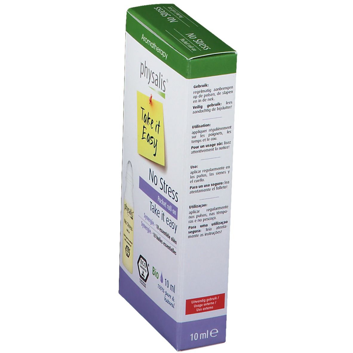 Seitenansicht der Verpackung von physalis® No Stress Pocket Roll-On. Text und Logo. 10 ml.