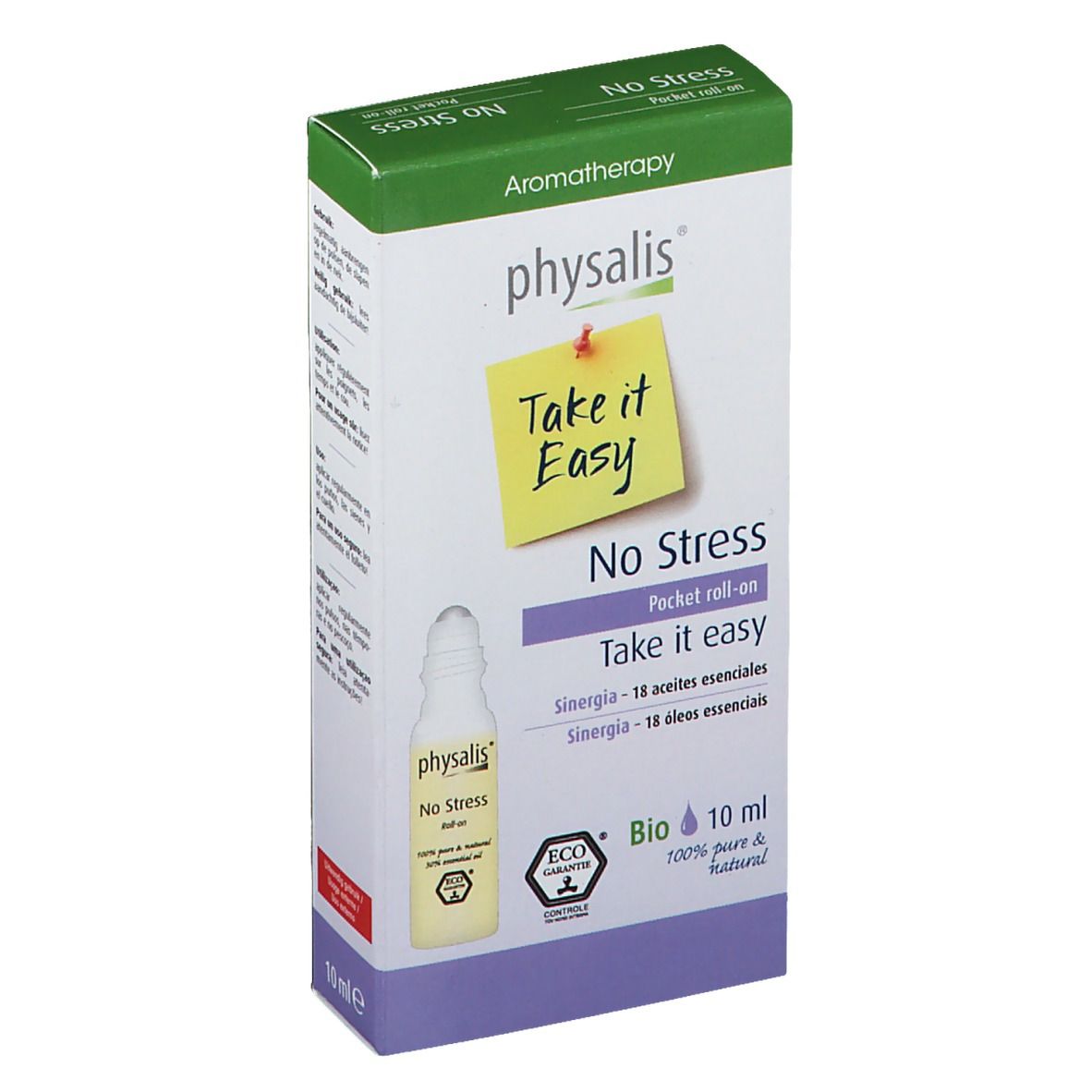 Verpackung von physalis® No Stress Pocket Roll-On. Aufkleber mit "Take it Easy". Flasche und Box mit Text.
