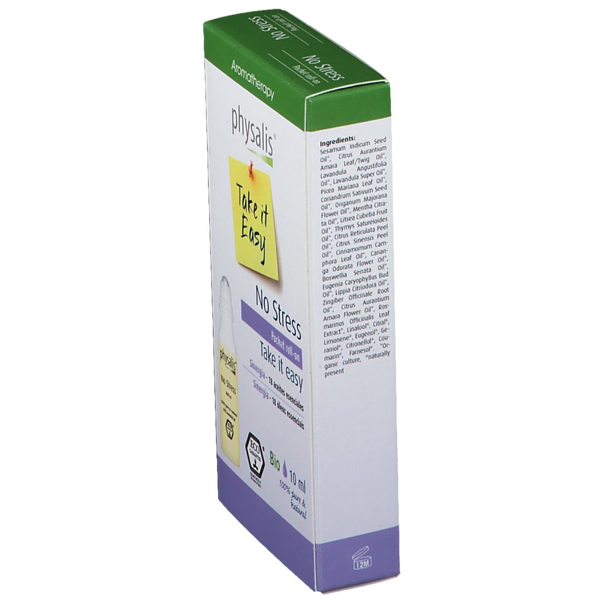 Seitenansicht der Verpackung von physalis® No Stress Pocket Roll-On. Zutatenliste. Text und Logo. 10 ml.