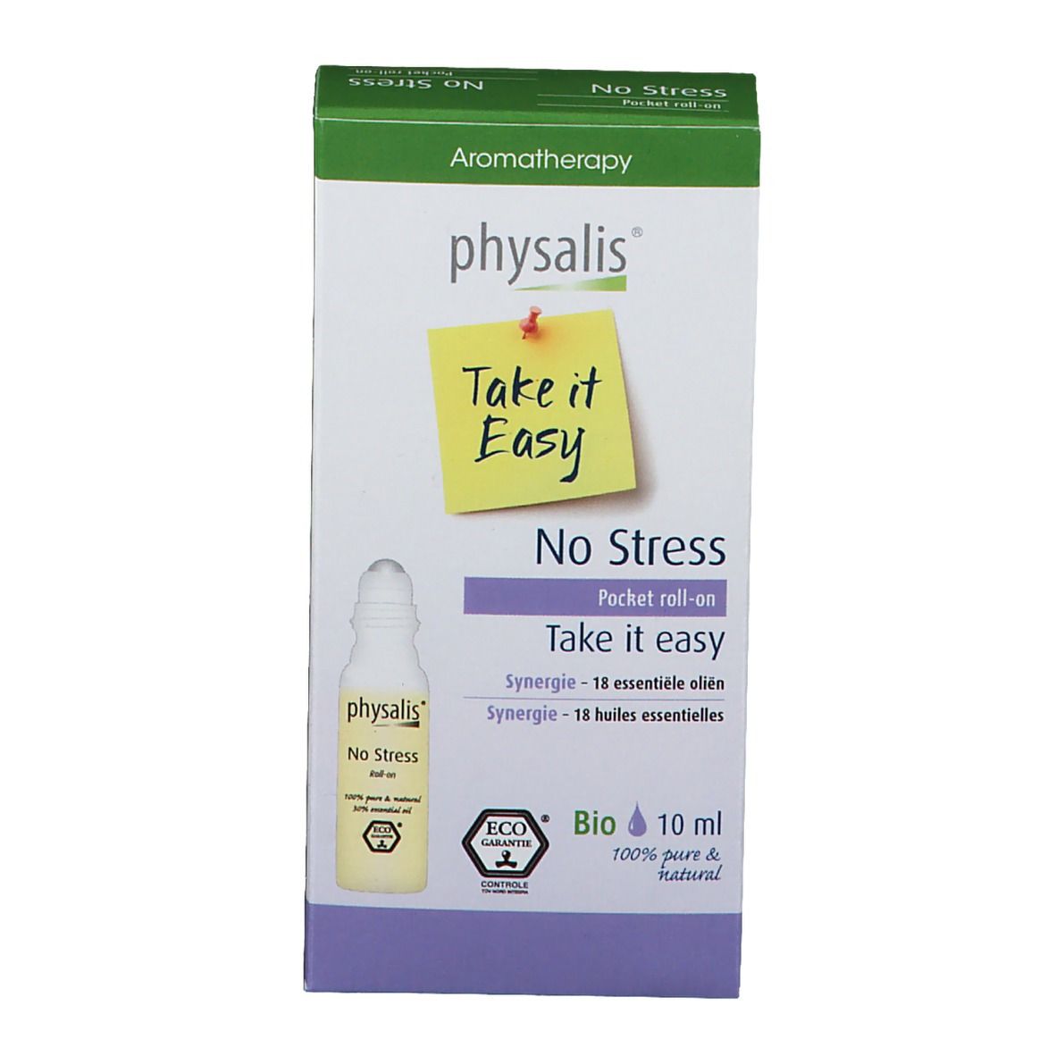 Verpackung von physalis® No Stress Pocket Roll-On. Aufkleber mit "Take it Easy". Flasche und Box mit Text.