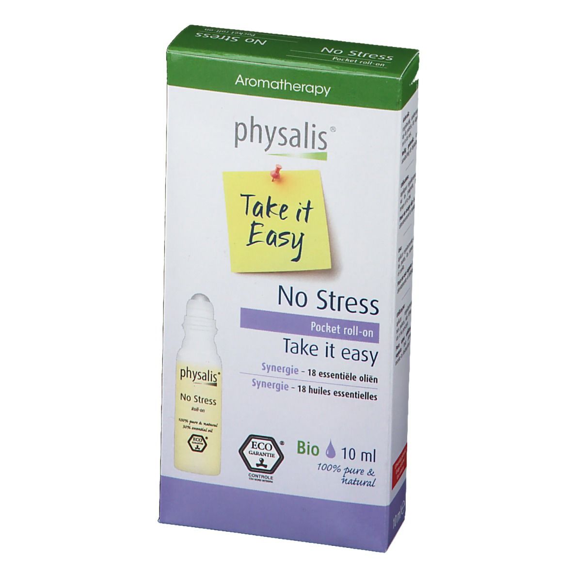 Verpackung von physalis® No Stress Pocket Roll-On. Aufkleber mit "Take it Easy". Flasche und Box mit Text.