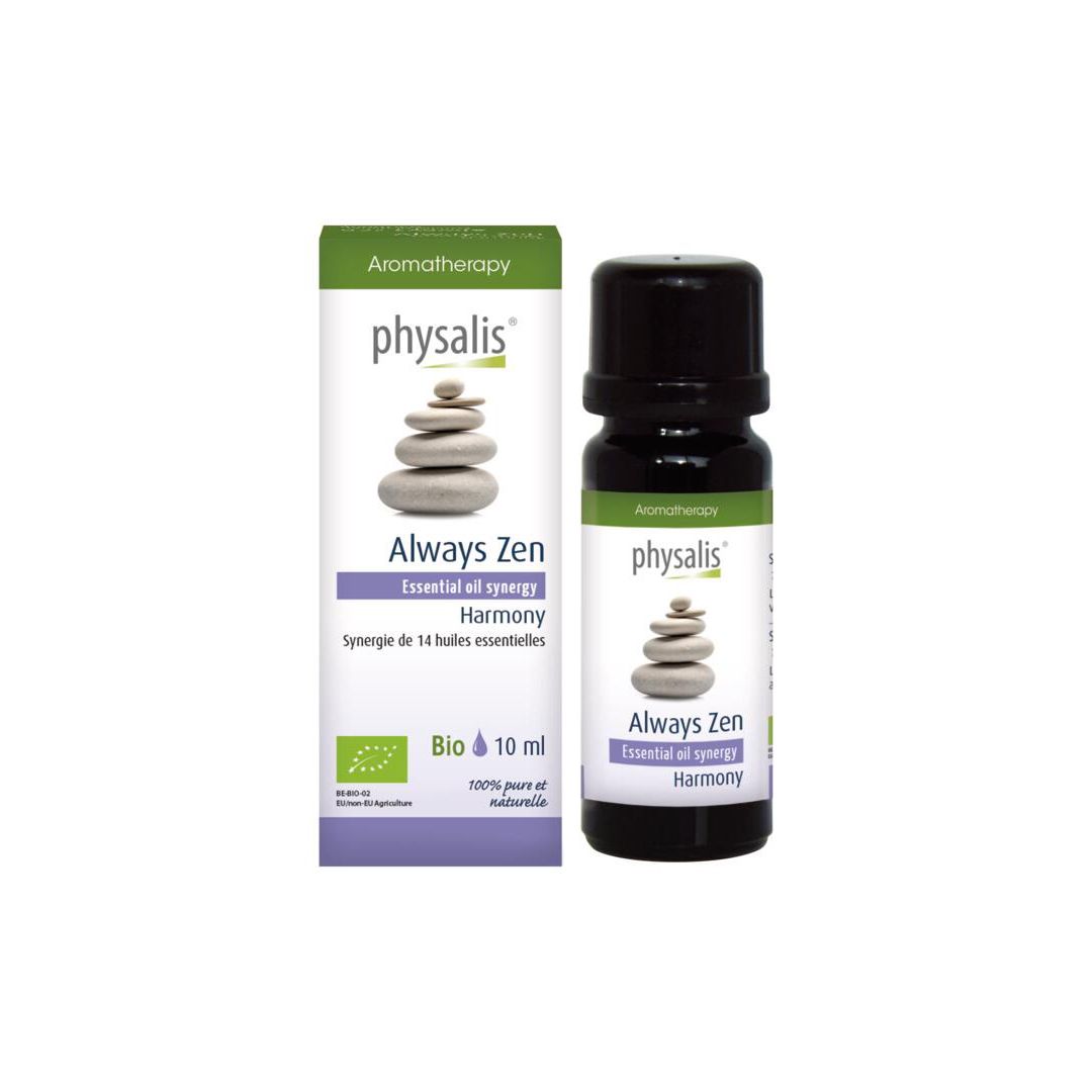 Emballage du produit avec flacon. Boîte avec texte: Always Zen, Essential oil synergy, Harmony. Logo Physalis. 10 ml.