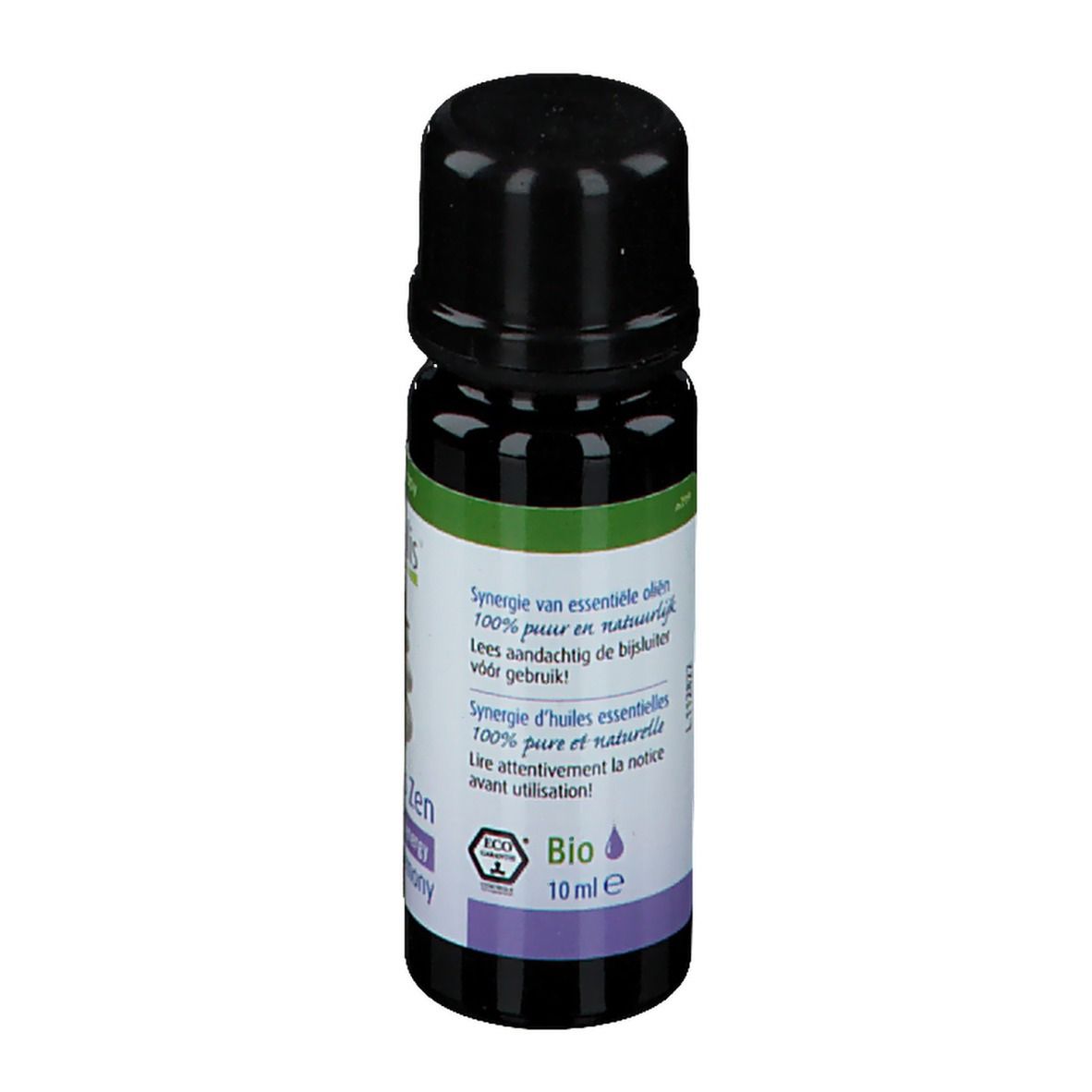 Flacon en verre foncé avec bouchon noir. Dos avec texte multilingue. Label Bio et 10 ml.