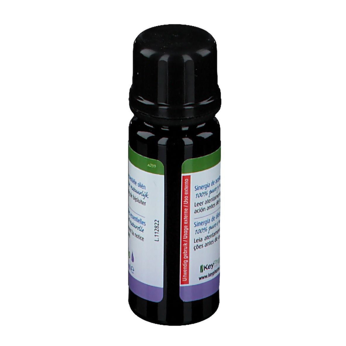 Flacon en verre foncé avec bouchon noir. Dos avec texte multilingue. Code L112822.