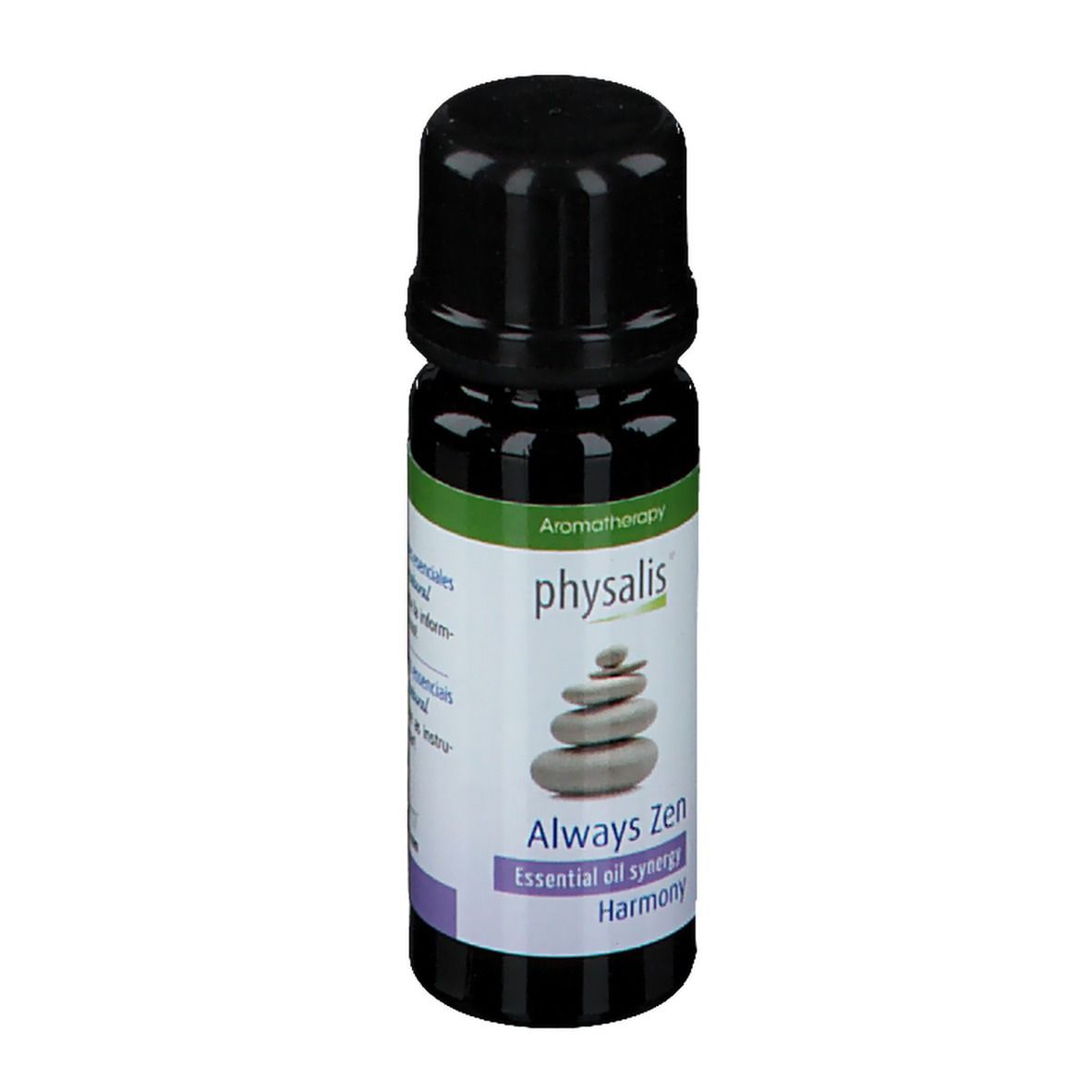 Flacon en verre foncé avec bouchon noir. Étiquette avec texte: Always Zen, Essential oil synergy, Harmony. Logo Physalis.