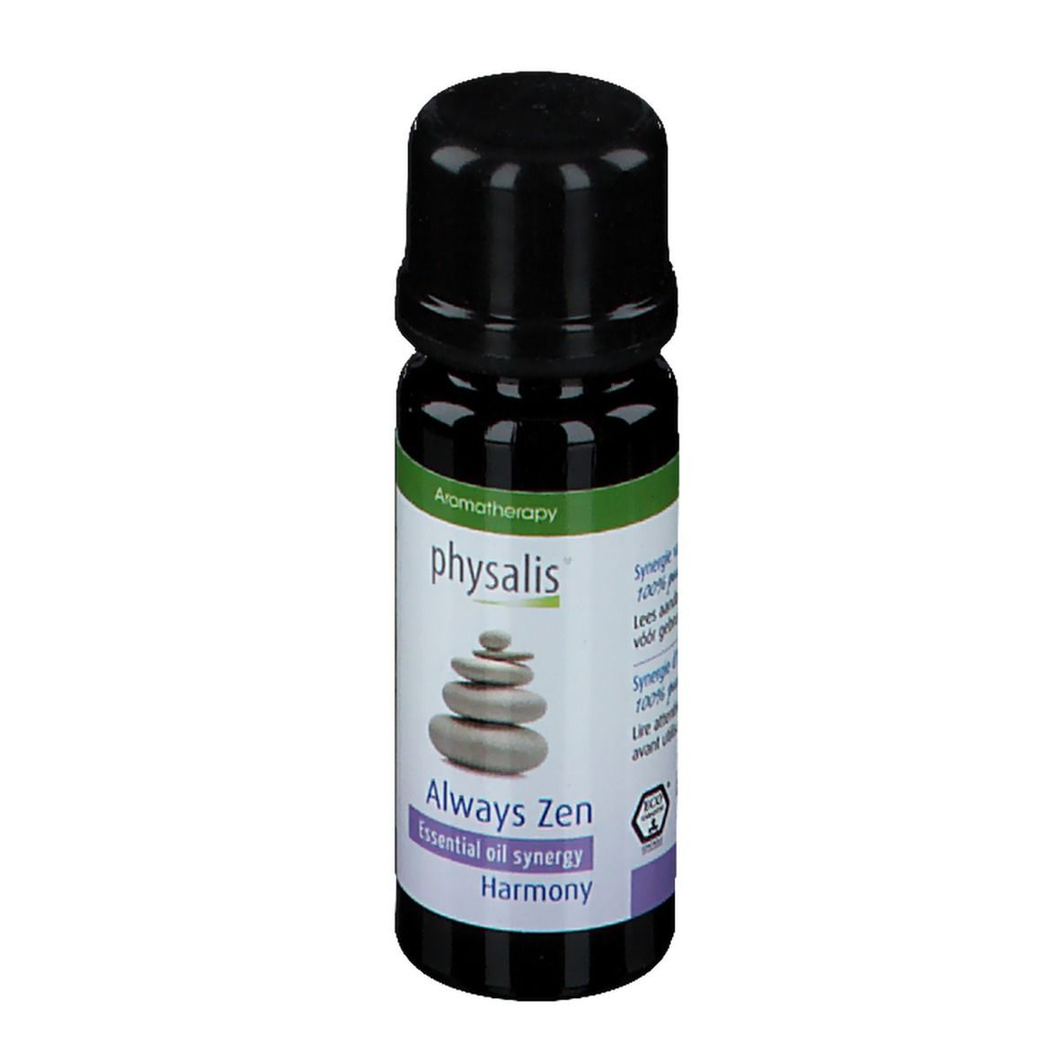 Flacon en verre foncé avec bouchon noir. Étiquette avec texte: Always Zen, Essential oil synergy, Harmony. Logo Physalis.