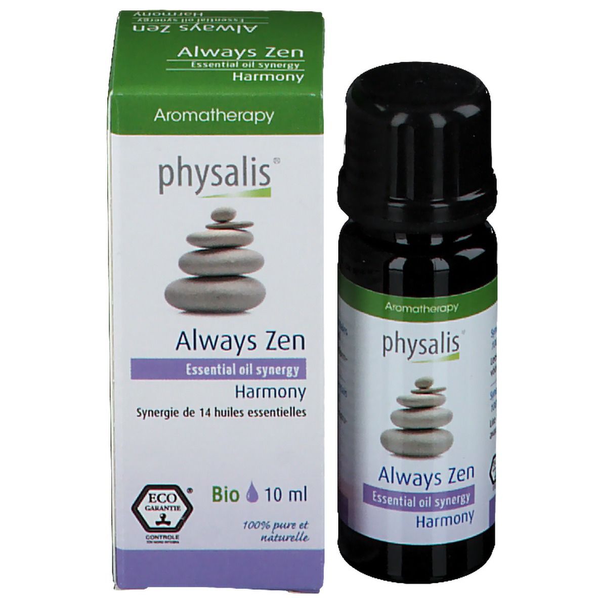 Emballage du produit avec flacon. Boîte avec texte: Always Zen, Essential oil synergy, Harmony. Logo Physalis. 10 ml.