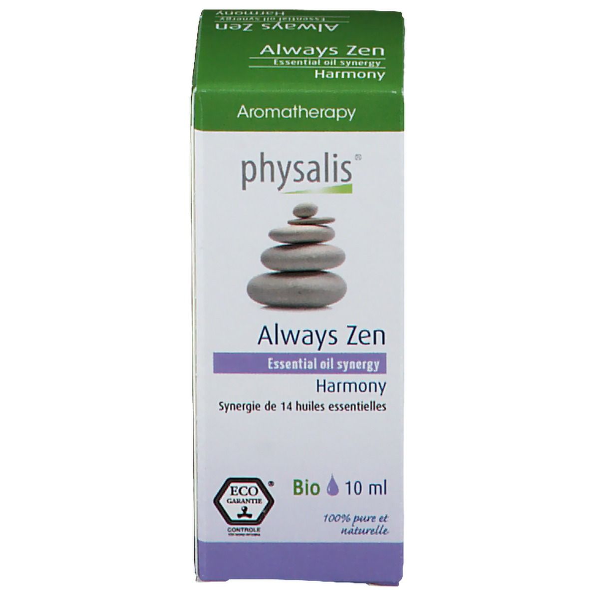 Emballage du produit. Boîte avec texte: Always Zen, Essential oil synergy, Harmony. Logo Physalis. 10 ml.