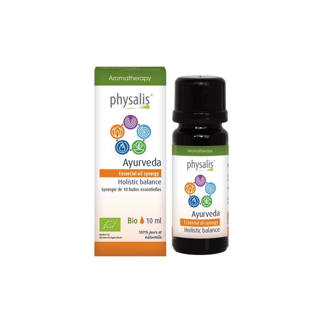 Emballage et flacon. Boîte avec logo, texte: Ayurveda, Essential oil synergy, Holistic balance. 10 ml.