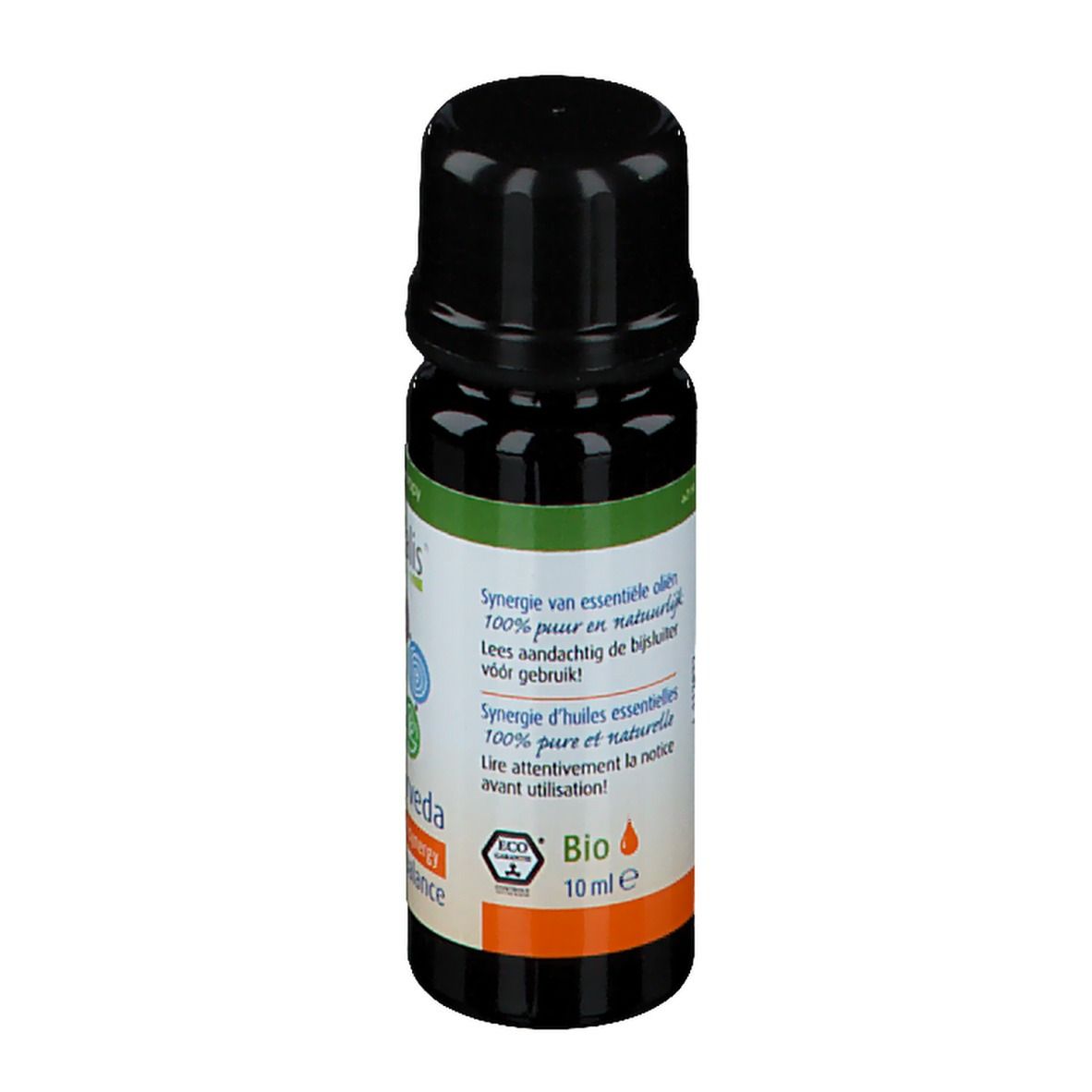 Dos du flacon. Texte: Synergie d'huiles essentielles, 100% pures et naturelles. Certification Bio.