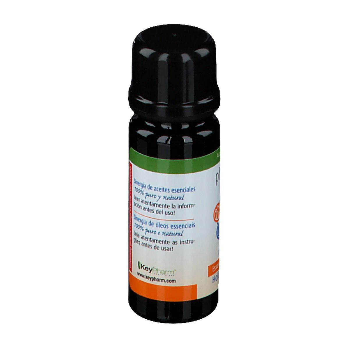 Dos du flacon. Texte: Sinergie d'huiles essentielles, 100% pures et naturelles. 10 ml.