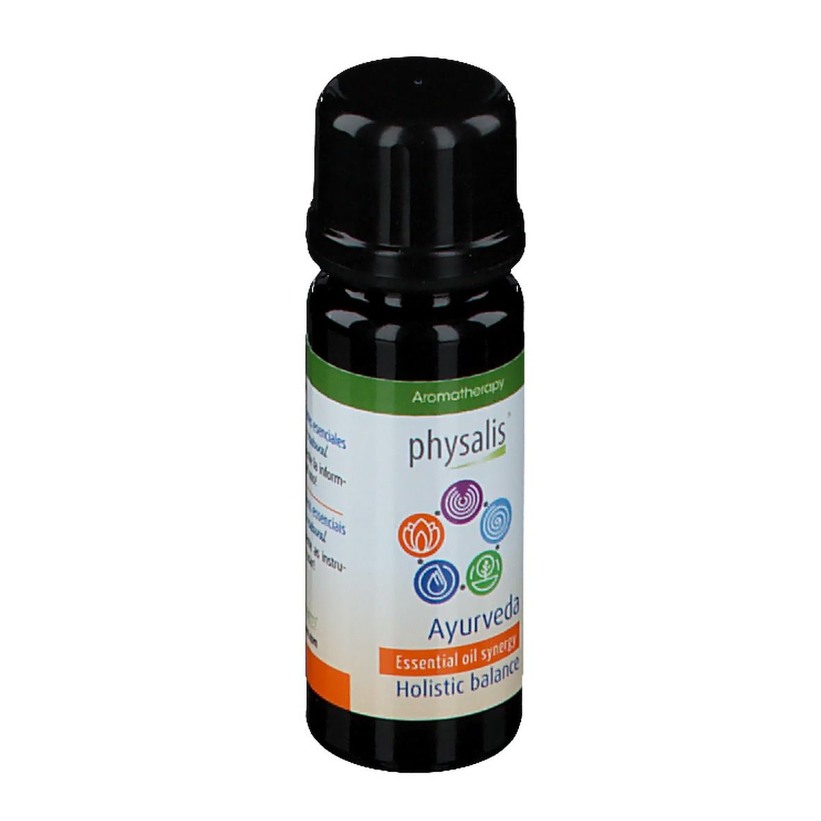 Flacon brun avec bouchon noir. Étiquette avec logo, texte: Ayurveda, Essential oil synergy, Holistic balance.