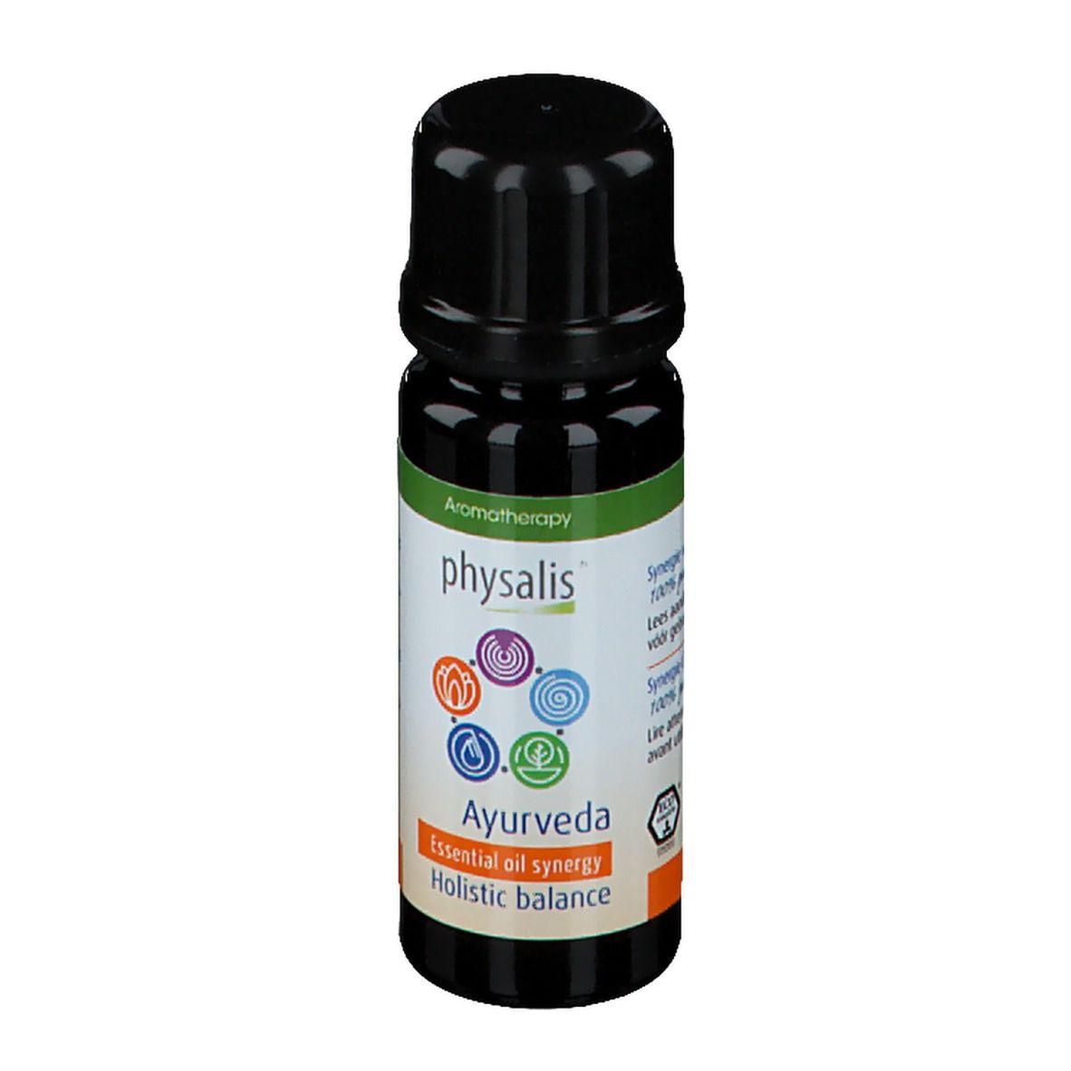 Flacon brun avec bouchon noir. Étiquette avec logo, texte: Ayurveda, Essential oil synergy, Holistic balance.