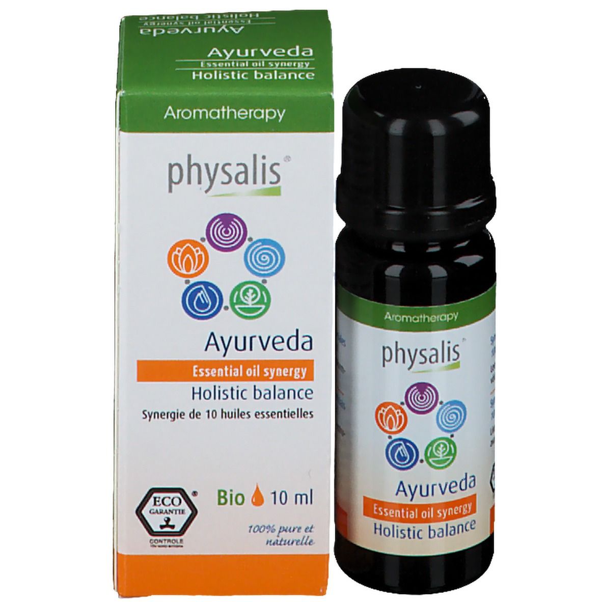 Emballage et flacon. Boîte avec logo, texte: Ayurveda, Essential oil synergy, Holistic balance. 10 ml.