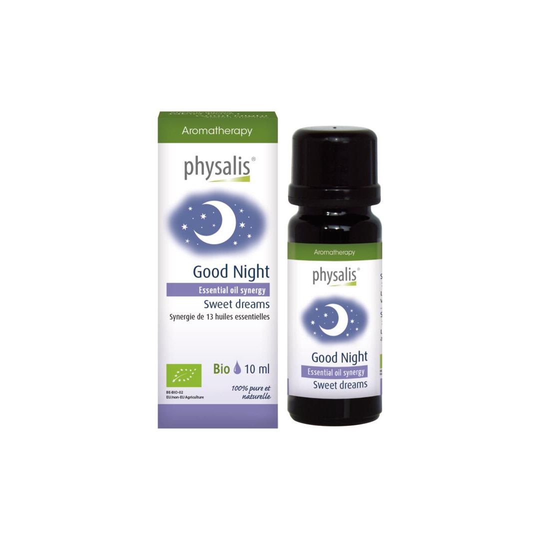 Bouteille et boîte. Inscription : physalis, Good Night, Essential oil synergy, Sweet dreams, Bio, 10 ml.