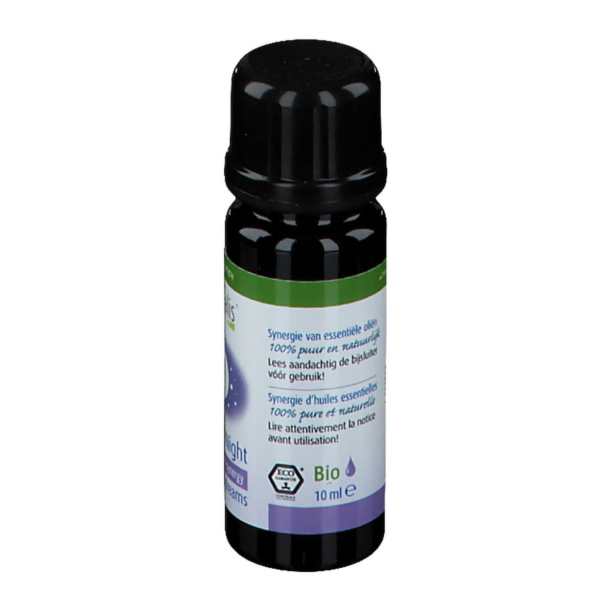 Petite bouteille marron avec bouchon noir. Inscription : Bio, 10 ml. Texte en néerlandais.