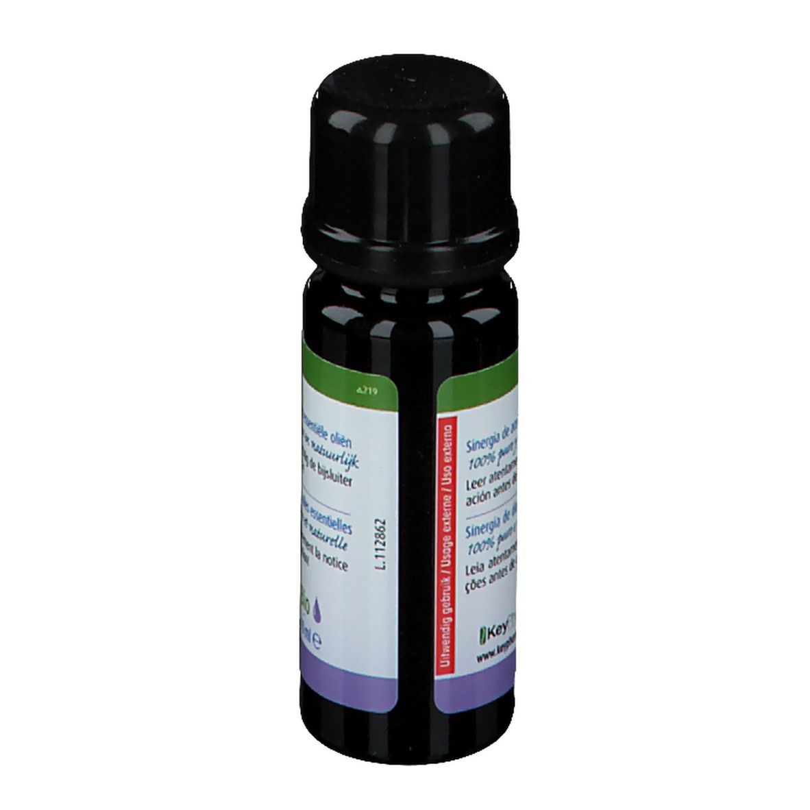 Petite bouteille marron avec bouchon noir. Texte en néerlandais et français. Inscription : 10 ml.