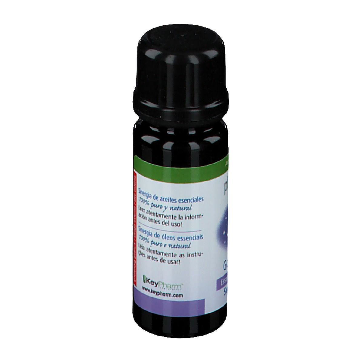 Petite bouteille marron avec bouchon noir. Texte en espagnol. Inscription : 10 ml.