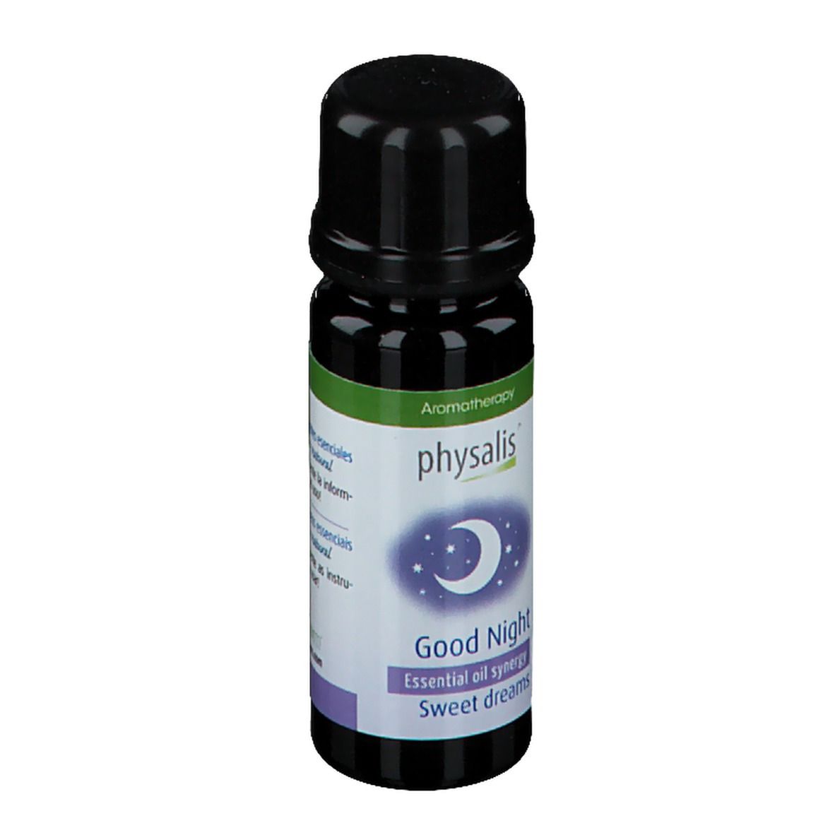 Petite bouteille marron avec bouchon noir. Inscription : physalis, Good Night, Essential oil synergy, Sweet dreams.
