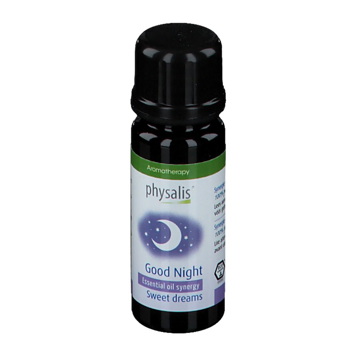 Petite bouteille marron avec bouchon noir. Inscription : physalis, Good Night, Essential oil synergy, Sweet dreams.
