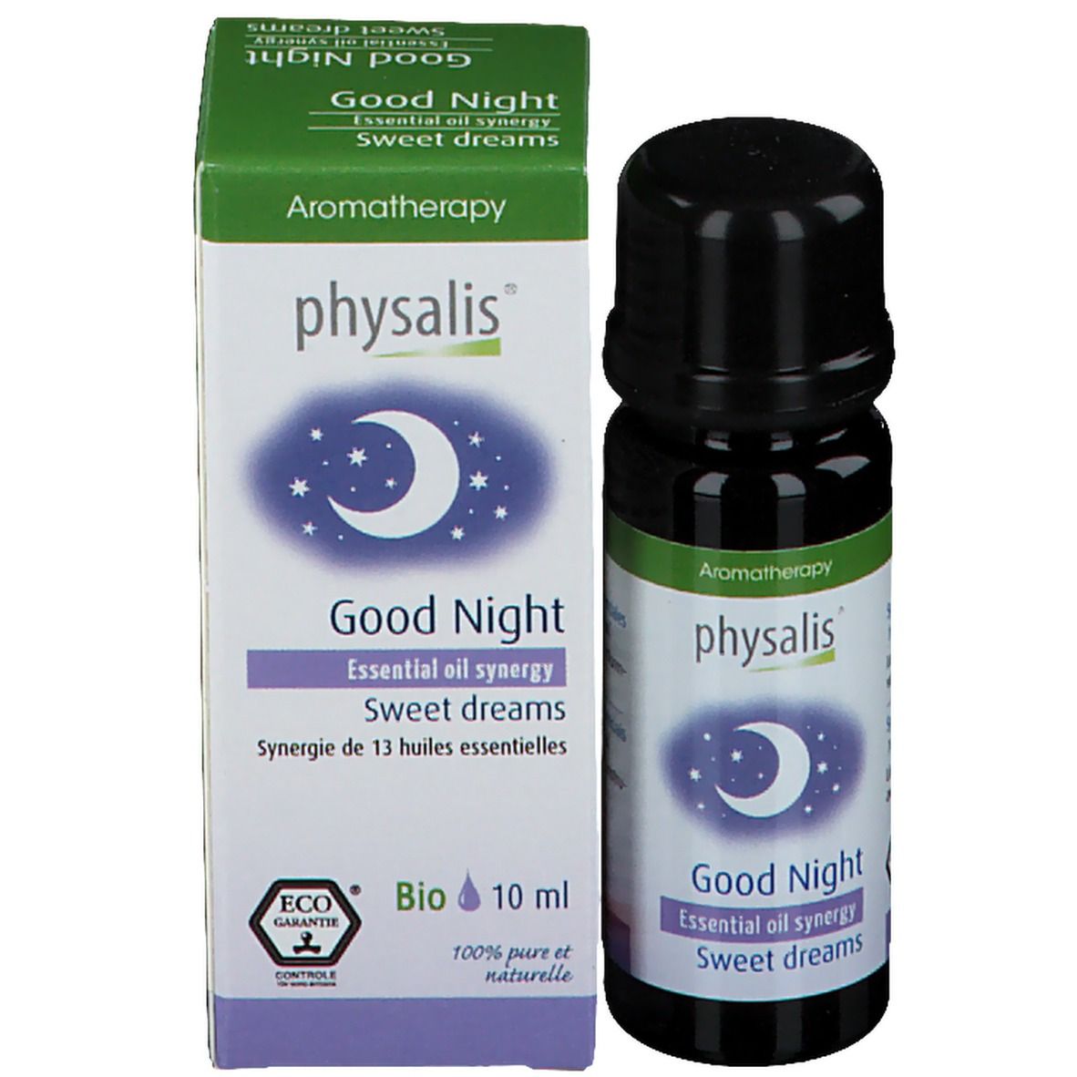 Bouteille et boîte. Inscription : physalis, Good Night, Essential oil synergy, Sweet dreams, Bio, 10 ml.