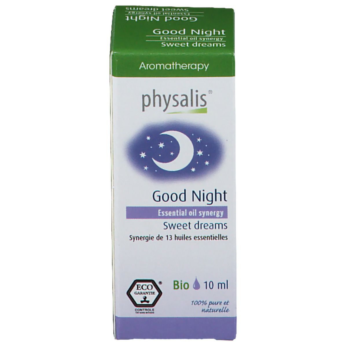 Boîte. Inscription : physalis, Good Night, Essential oil synergy, Sweet dreams, Bio, 10 ml.