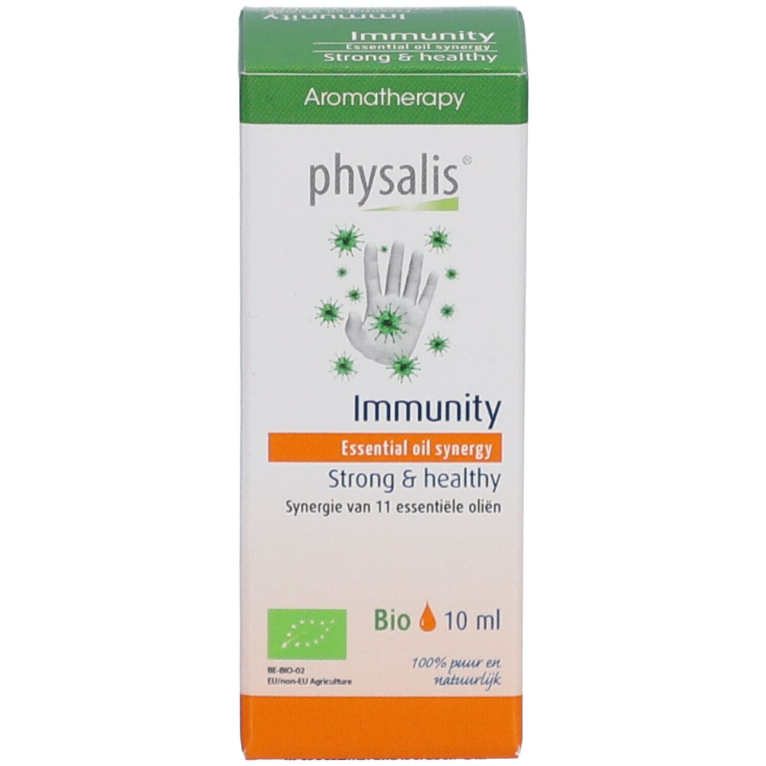 Produktverpackung mit Karton. Karton mit Logo, Text 'Immunity' und grünen Elementen.